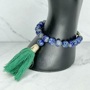 Blue Green Beaded Stretch Bracelet Green Tassel Charm Boho ✨